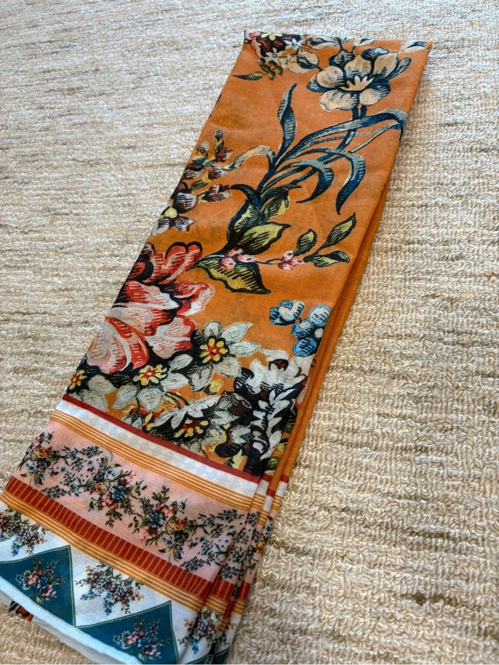 Agua Bendita Orange Floral Silk-Blend Scarf with Blue & Green Accents